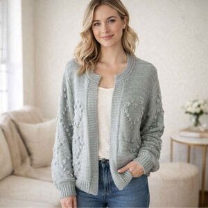 Jun & Ivy Heart Pom Pom Cardigan Sweater Gray Knit Raised Textured Knitted Love